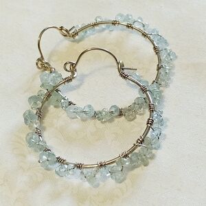 Elegant Silver Hoop Earrings with Light Blue Crystals- Handmade, Wirewrapped